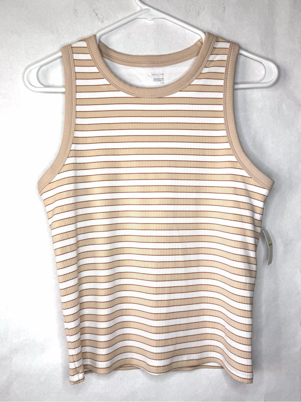 Offline by AERIE Striped Rib Active Tank Top with built in bra White & Tan Sz L